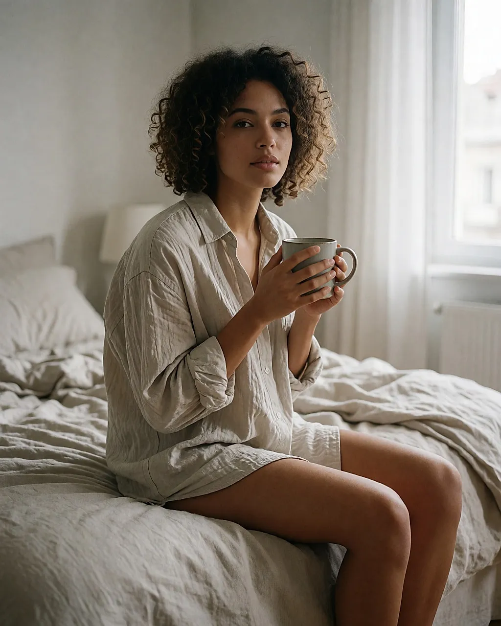 Mujer sentada al borde de la cama, con una taza caliente entre las manos, al amanecer