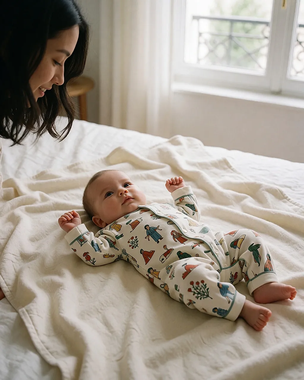 Bebé tumbado sobre una manta de algodón, vestido con un pijama estampado de botones a presión