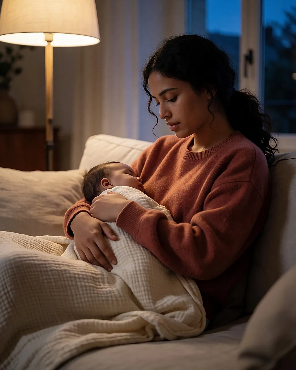 Madre sentada en el sofá, con el bebé dormido sobre ella bajo una mantita, luz de final del día