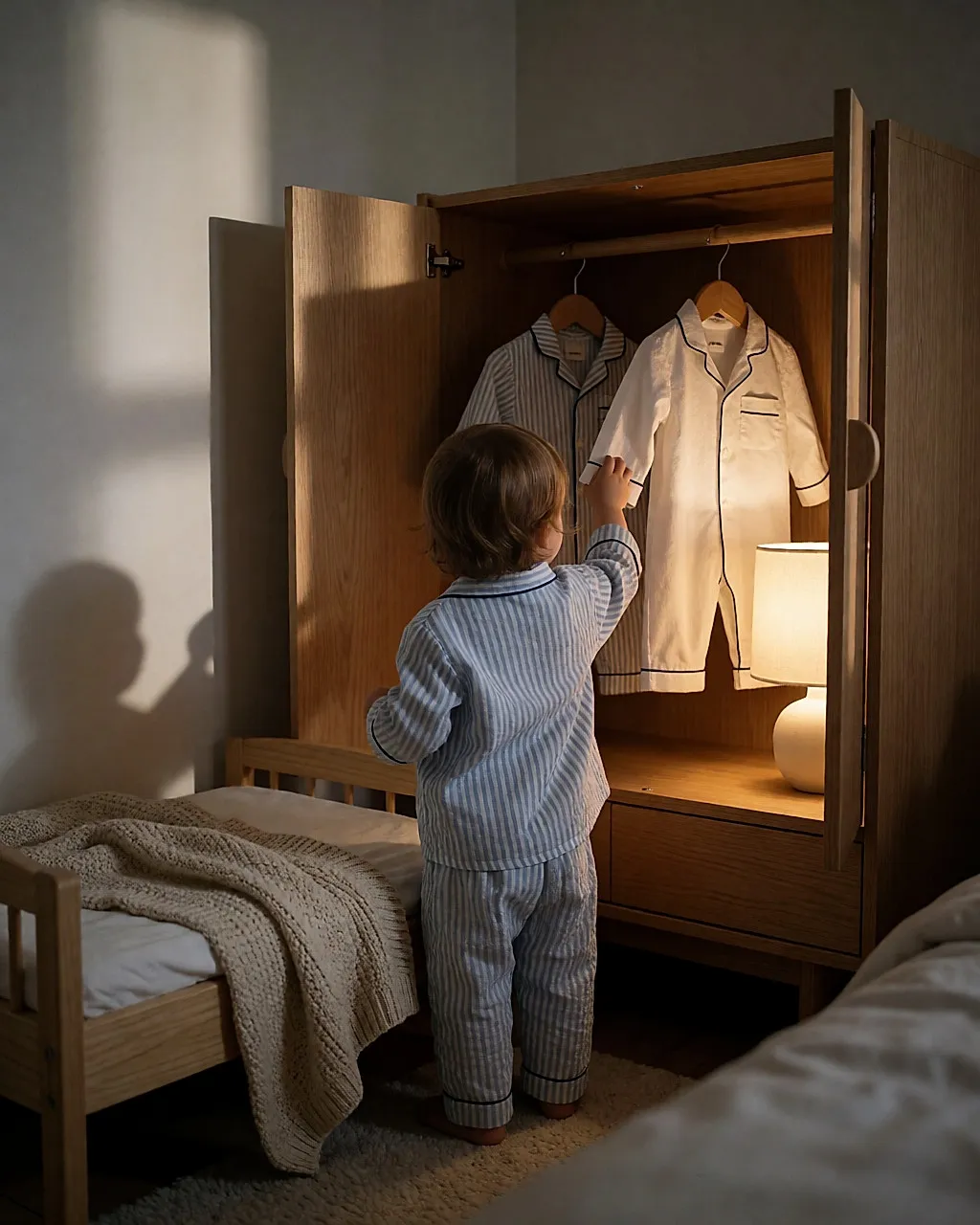 Niño de espaldas ante un armario, eligiendo uno de sus dos pijamas