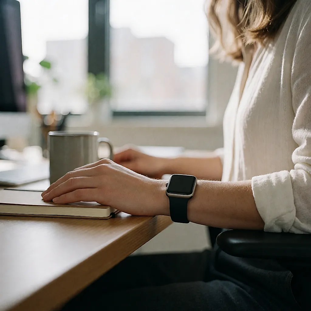 Eine Smartwatch am Handgelenk einer Frau, die sich von ihrem Schreibtisch erhebt