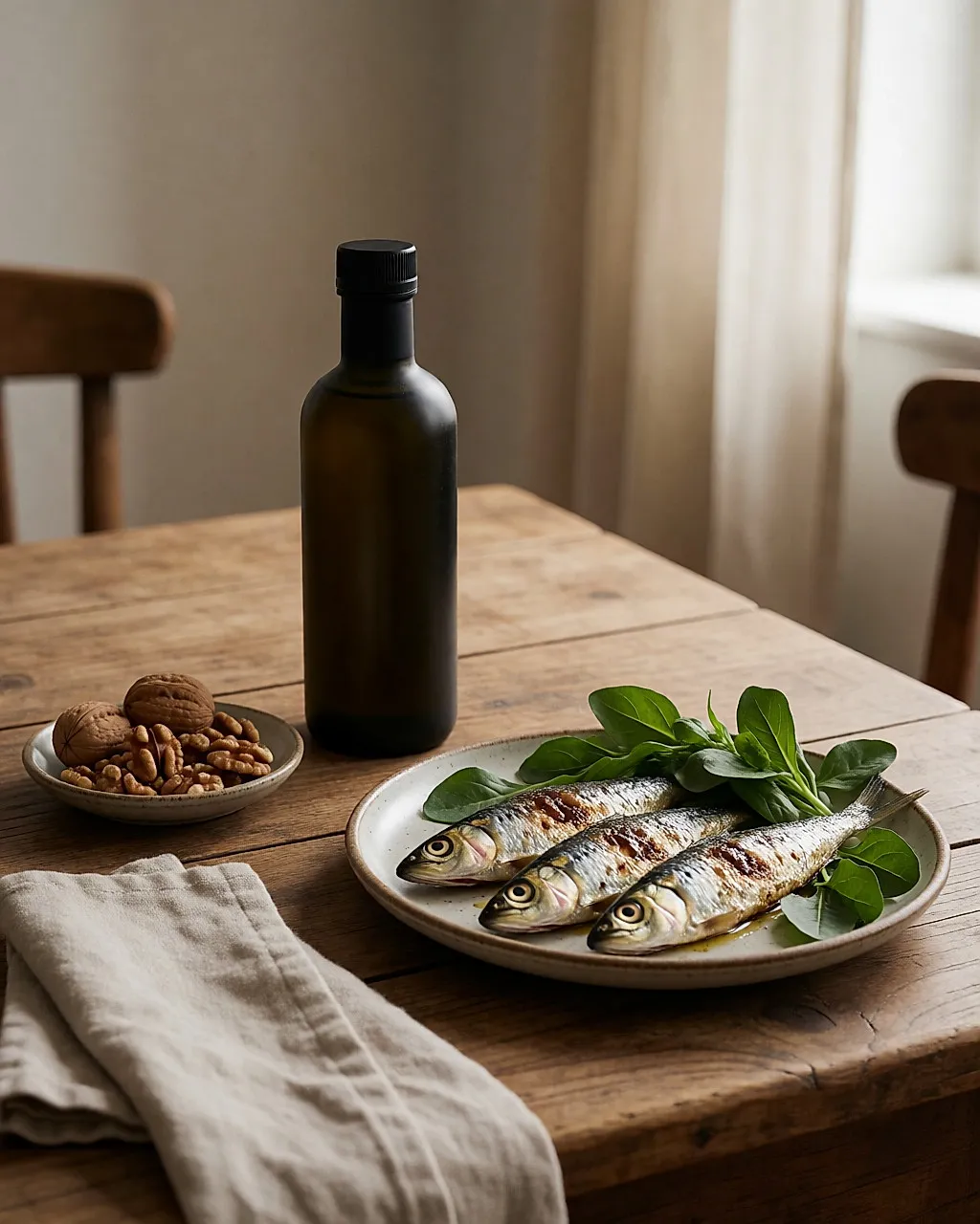 Botella de vidrio opaco de aceite de lino, nueces y sardinas sobre una mesa de madera, con luz natural