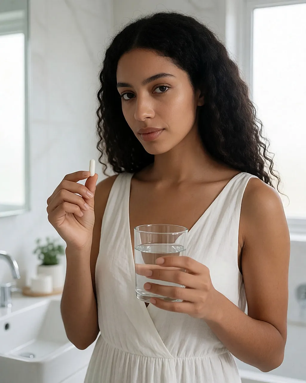 Mujer joven tomando una cápsula con un vaso de agua en un baño luminoso