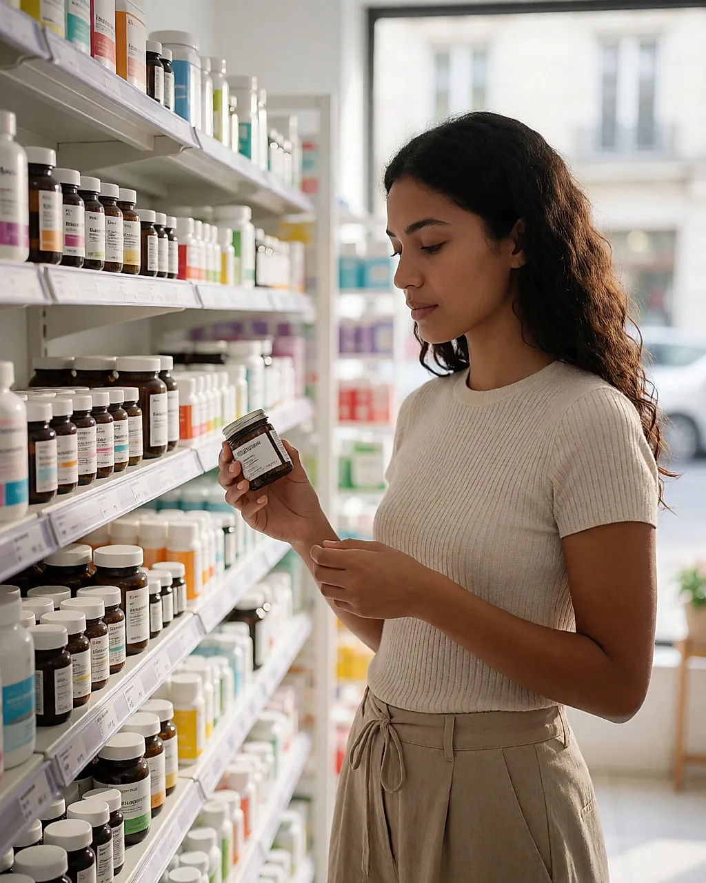 Mujer joven dudando ante un estante de complementos alimenticios en una parafarmacia