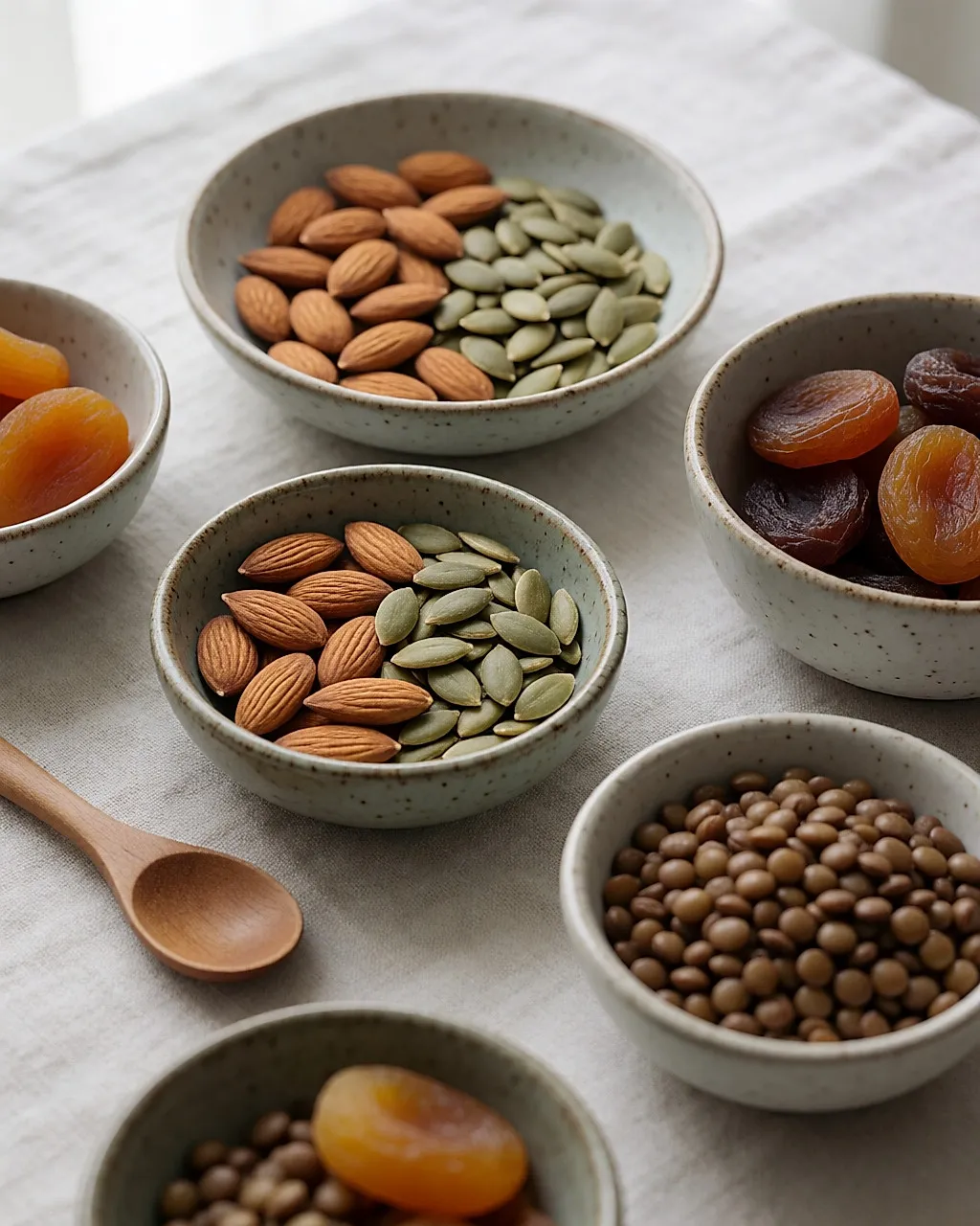 Pequeños cuencos de cerámica con almendras, semillas, orejones y lentejas sobre lino claro