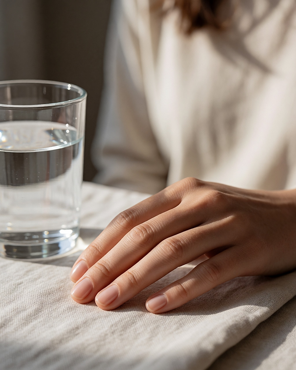 Main féminine aux ongles courts posée sur du lin clair près d'un verre d'eau, en lumière douce