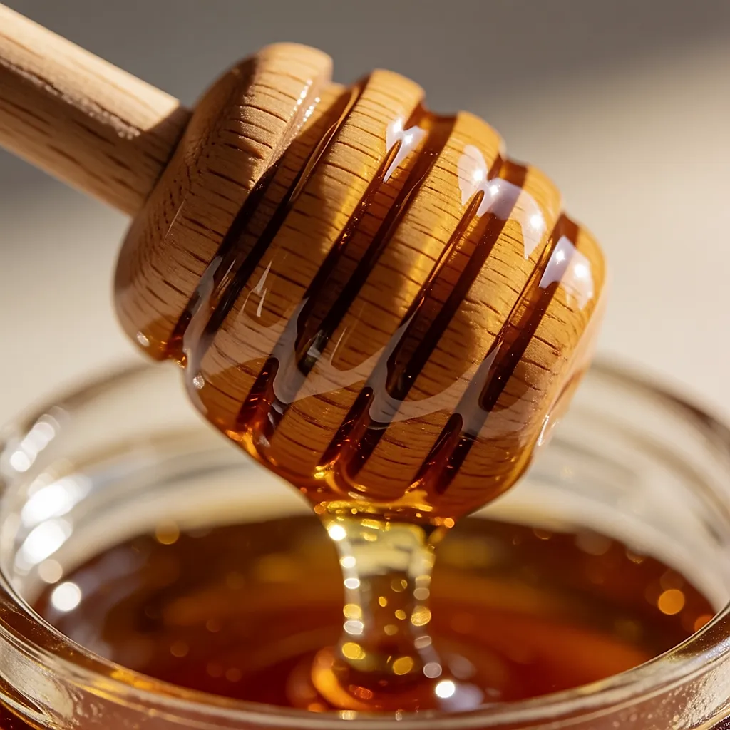 Close-up of thick golden honey running from a wooden spoon