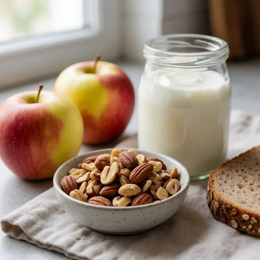 Gesunde Snacks auf einer Küchenarbeitsplatte: frisches Obst, ungesalzene Nüsse, Naturjoghurt und Vollkornbrot