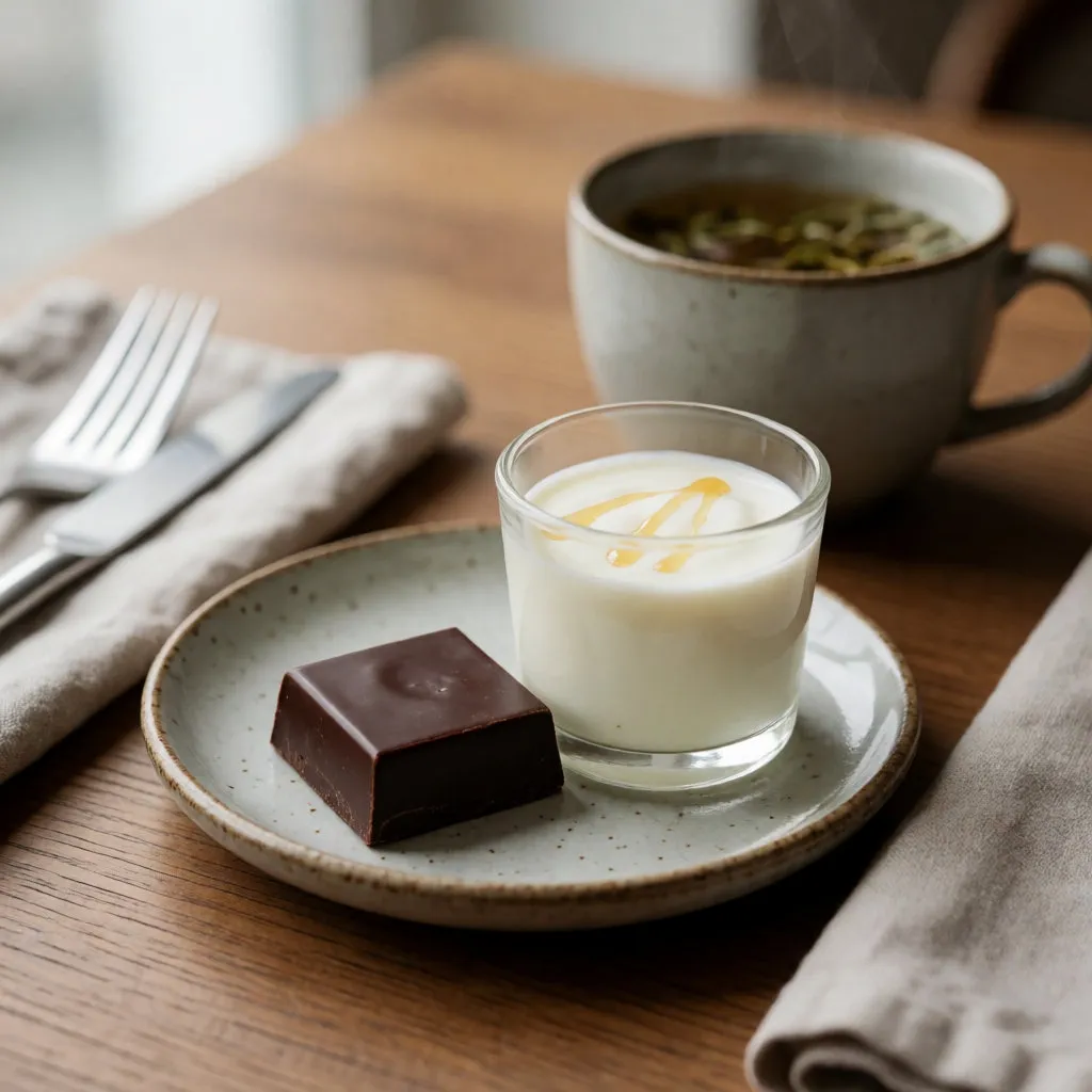 Stück Zartbitterschokolade und leicht gesüßter Joghurt als Nachtisch auf einem kleinen Teller