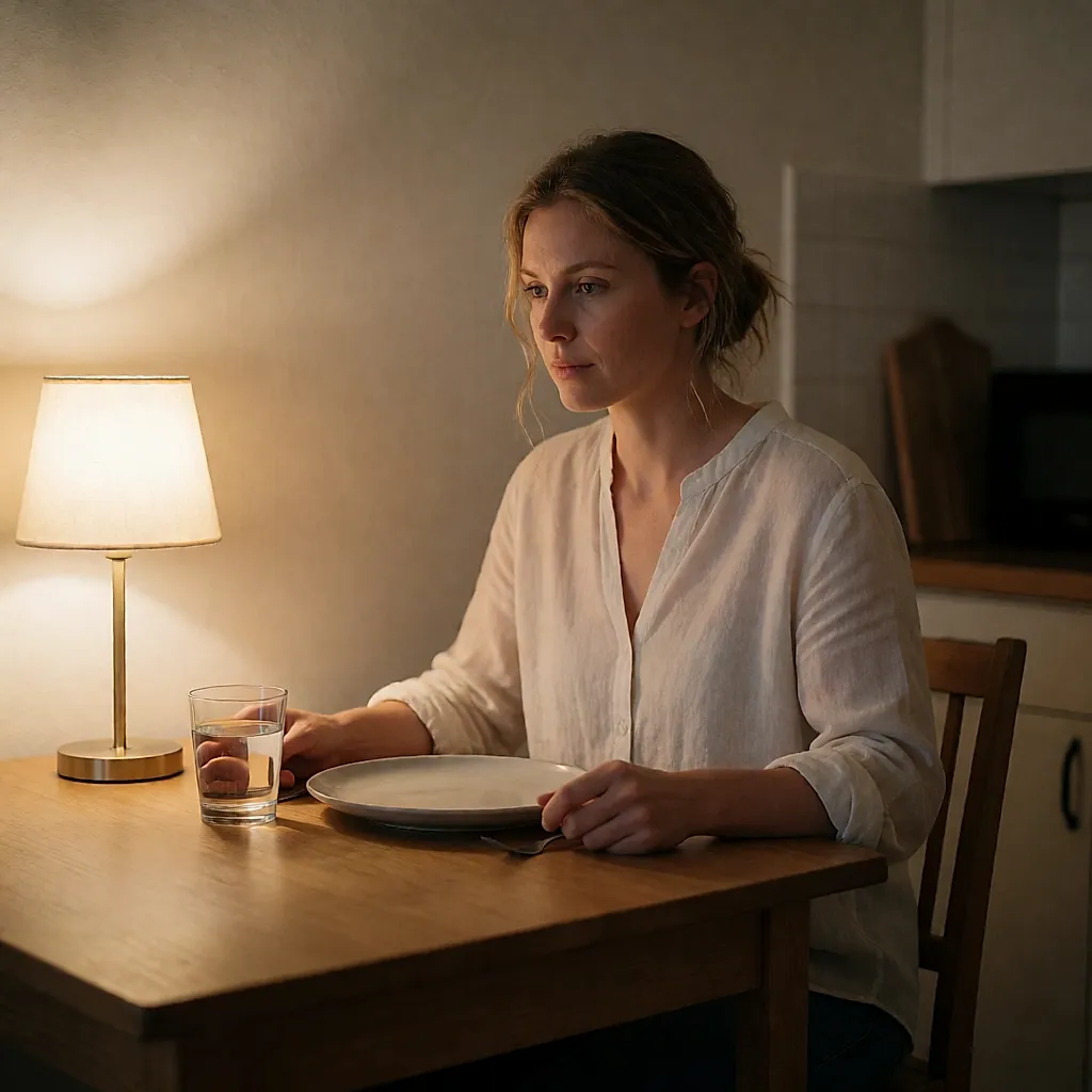 Frau am Tisch vor einem einfachen Abendessen in der Küche, abends