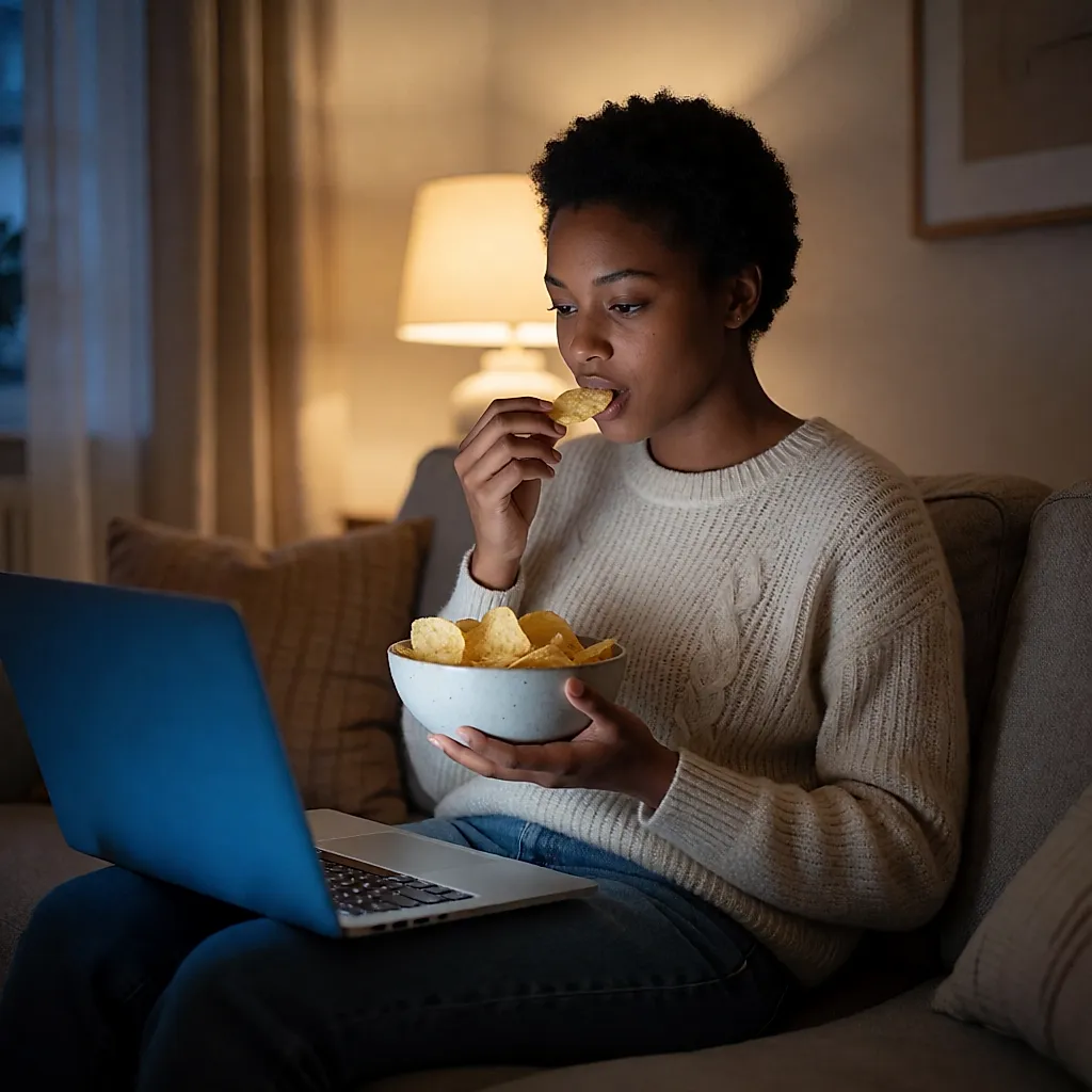 Junge Frau, die abends im Wohnzimmer vor einem Bildschirm Chips isst