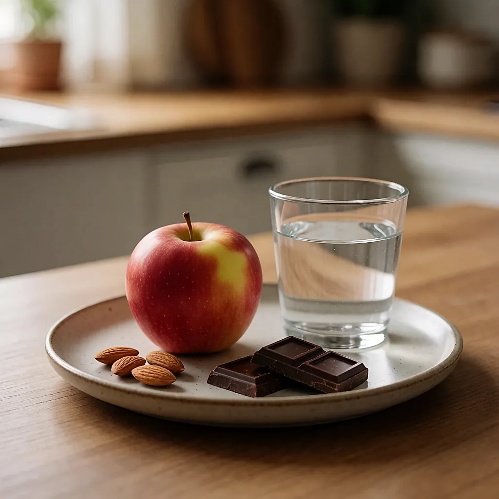 Leichter Snack: Apfel, Mandeln und zwei Stücke Zartbitterschokolade