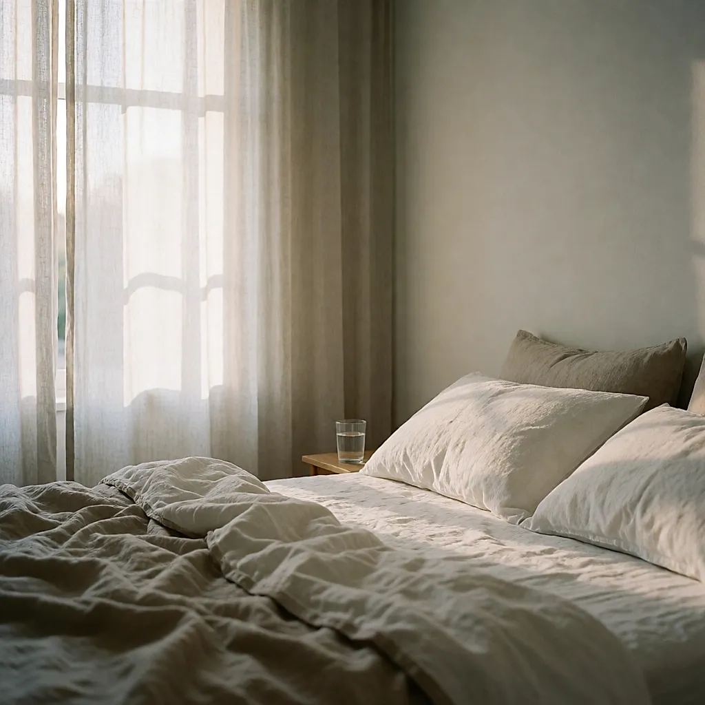 Ruhiges Schlafzimmer am frühen Morgen, sanftes Licht durch Vorhänge