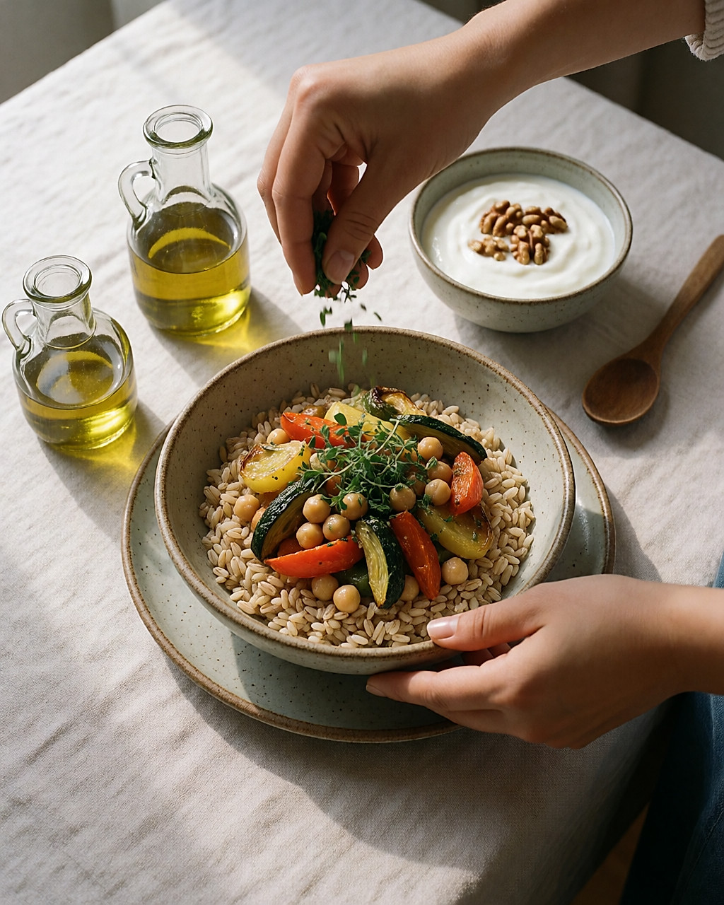 Vue de dessus d'une assiette équilibrée : légumes rôtis, céréales complètes et pois chiches