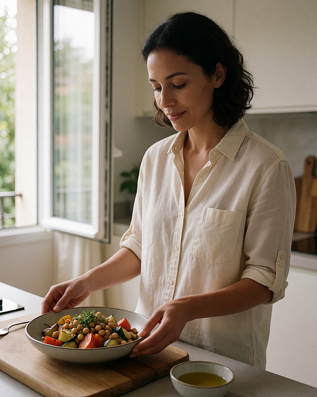 Jeune femme métissée dressant un bol de légumes rôtis et de légumineuses dans sa cuisine