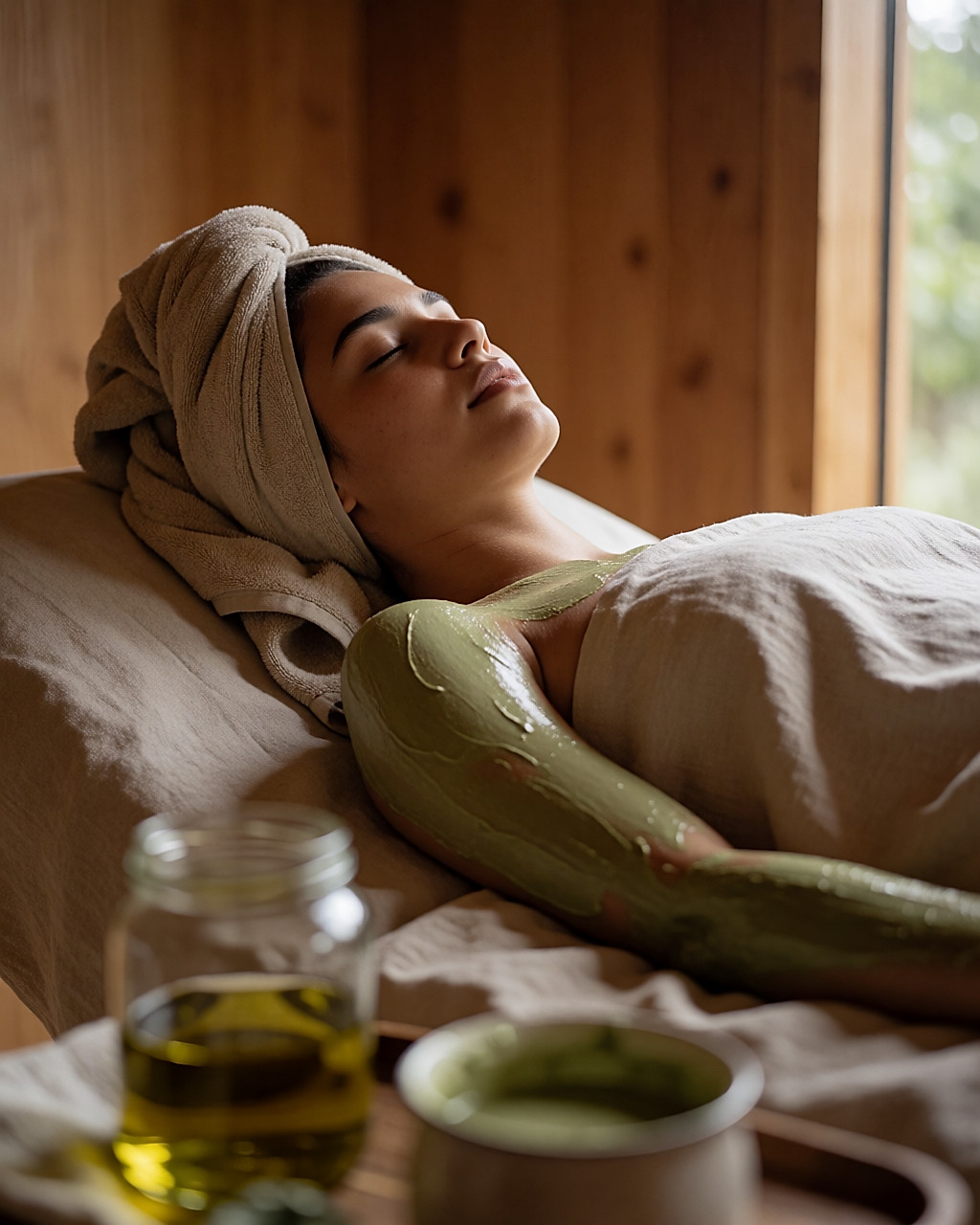 Femme allongée sur une table de soin, enveloppement d'argile sur les épaules, cabine en bois