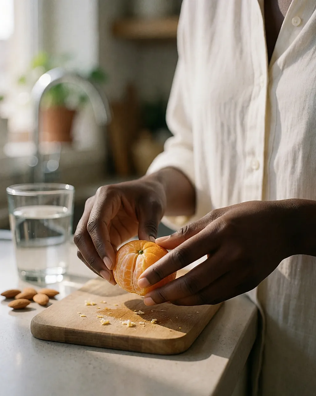 Mains épluchant une clémentine sur un plan de travail, près d'une poignée d'amandes