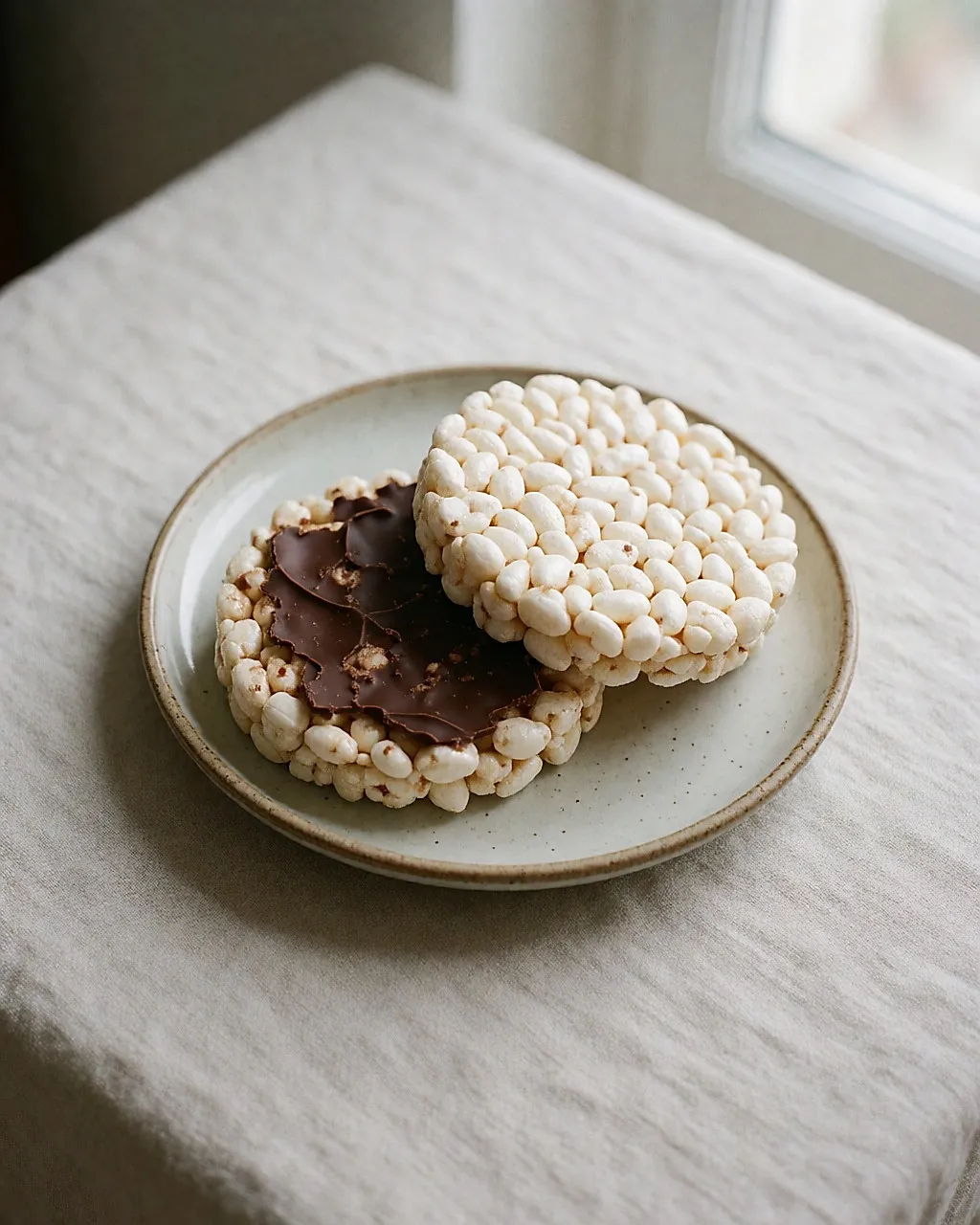 Galettes de riz sur une petite assiette, l'une nappée de chocolat noir
