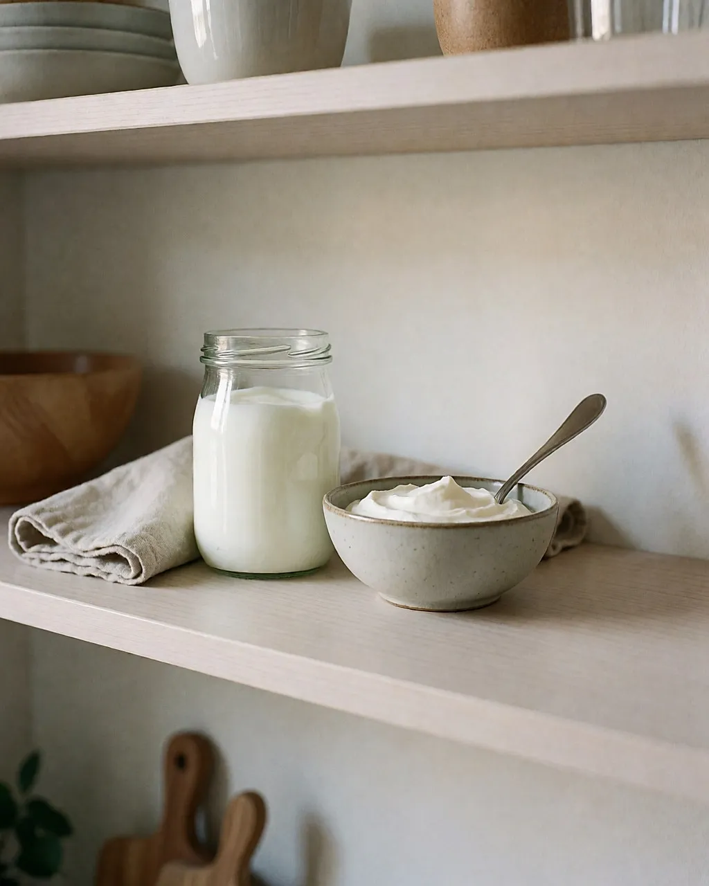 Yaourt nature et fromage blanc dans des contenants en verre sur une étagère
