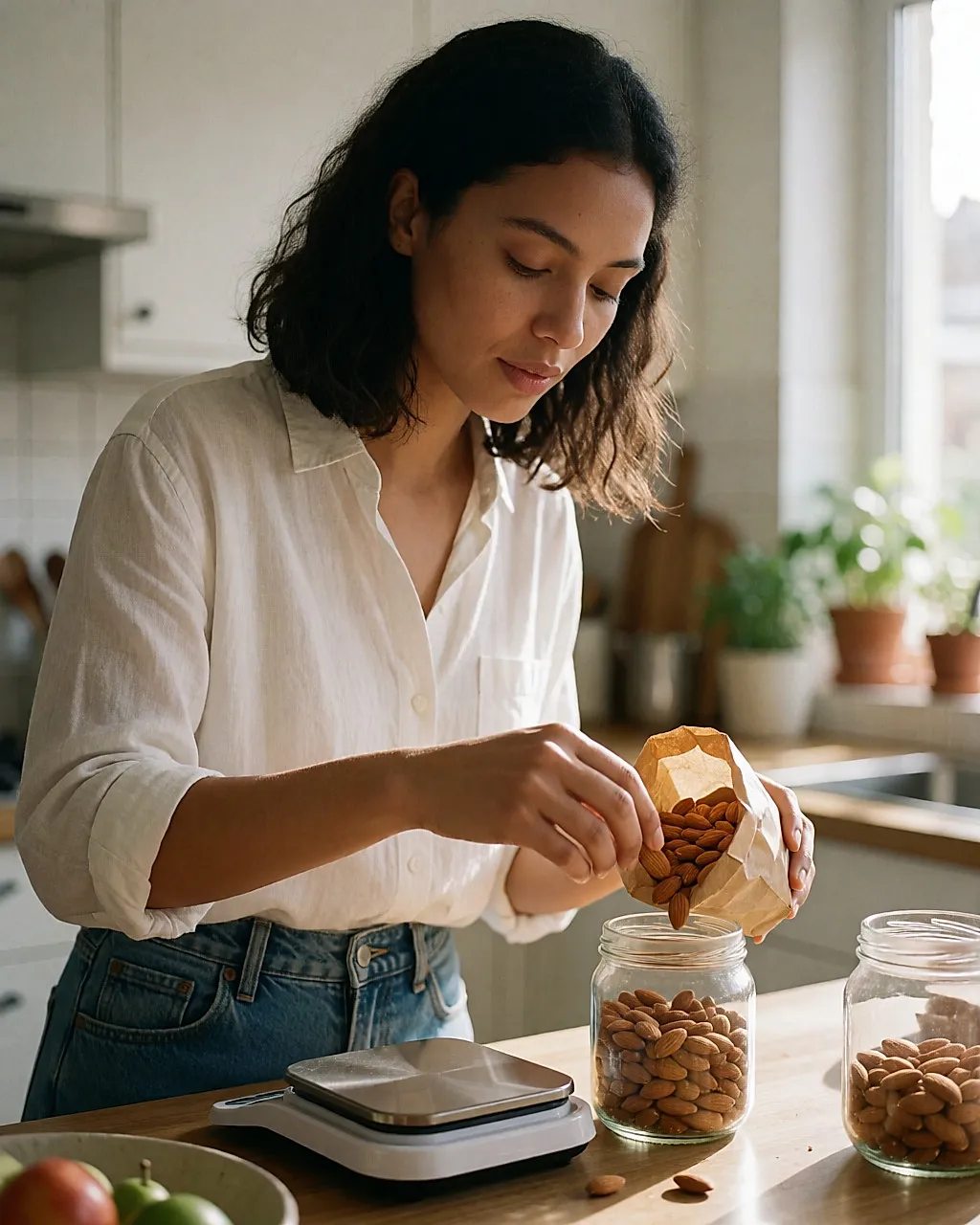 Jeune femme pesant des fruits à coque en vrac sur une balance de cuisine