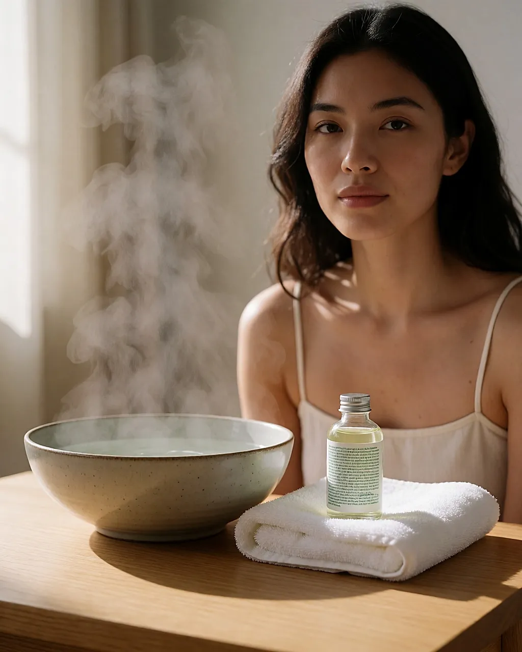 Bacia com água a fumegar preparada para um banho de vapor facial, com a preparação natural ao lado