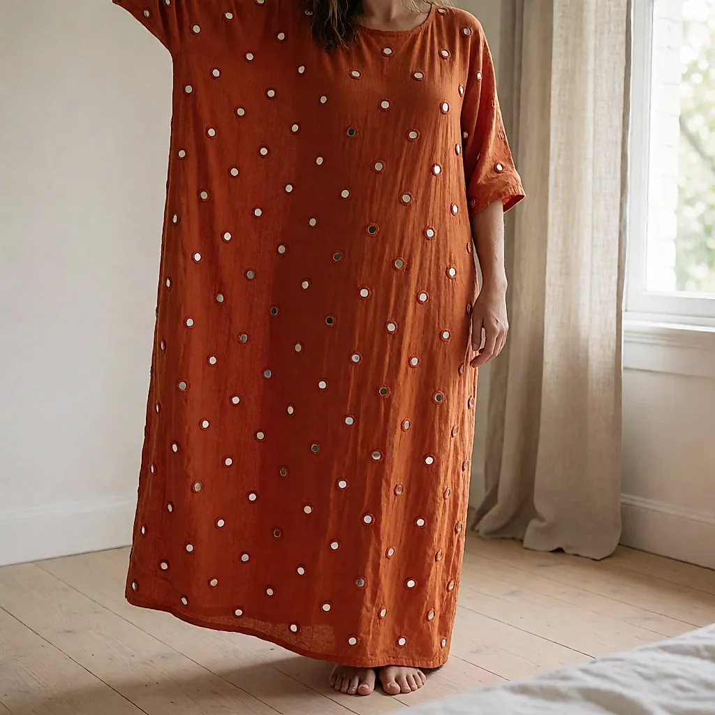 Robe brodée de miroirs portée debout, un bras levé pour juger le tombé du tissu