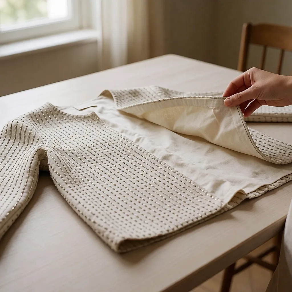 L'envers d'une pièce brodée de miroirs, fils rentrés et doublure de coton