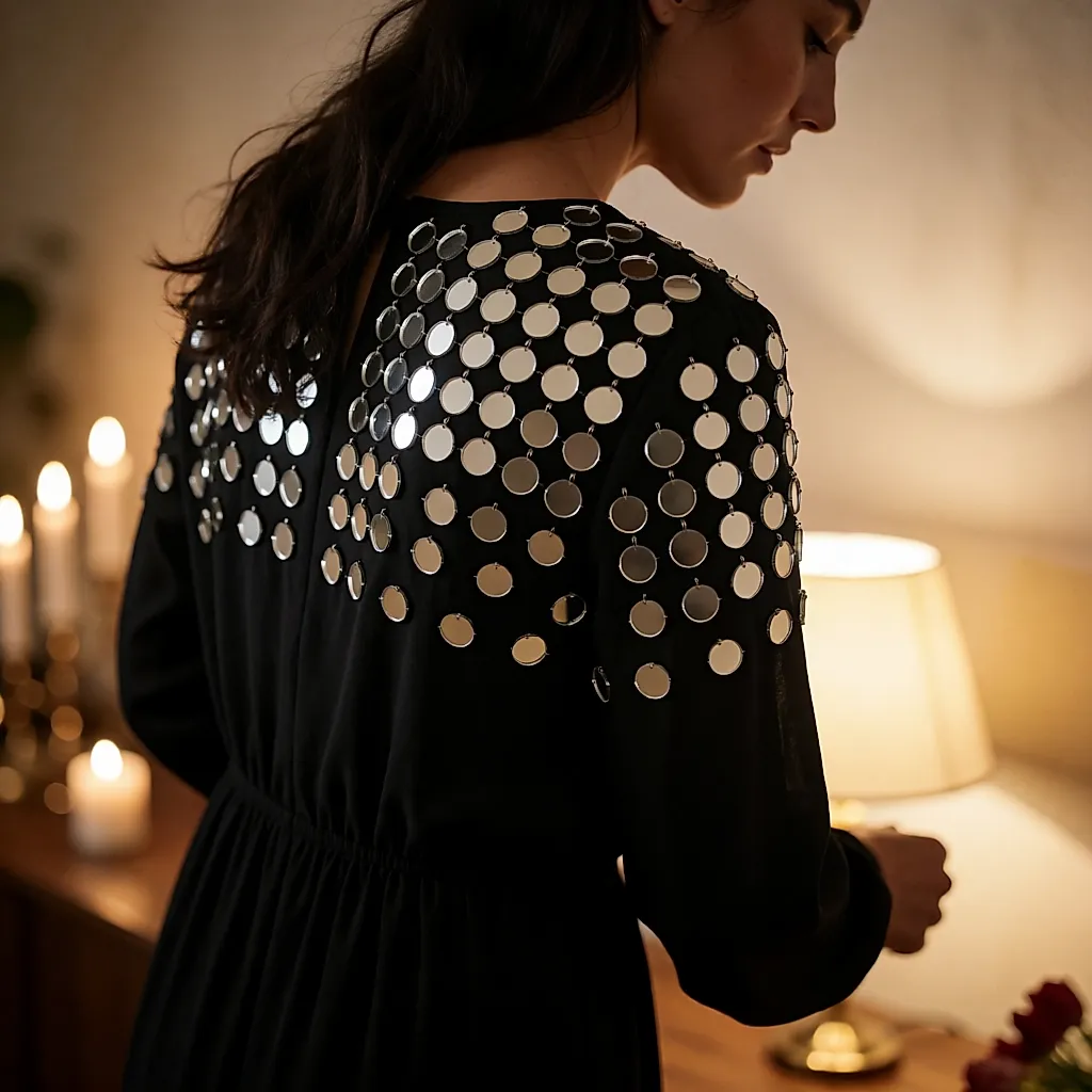 Femme de dos dans une robe brodée de miroirs lors d'une soirée, reflets sur le tissu