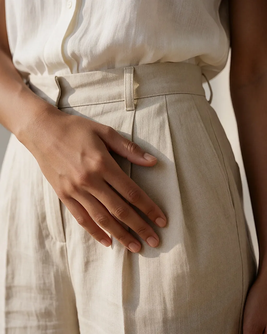 Détail du tombé fluide d'un tissu de lin et viscose à la taille