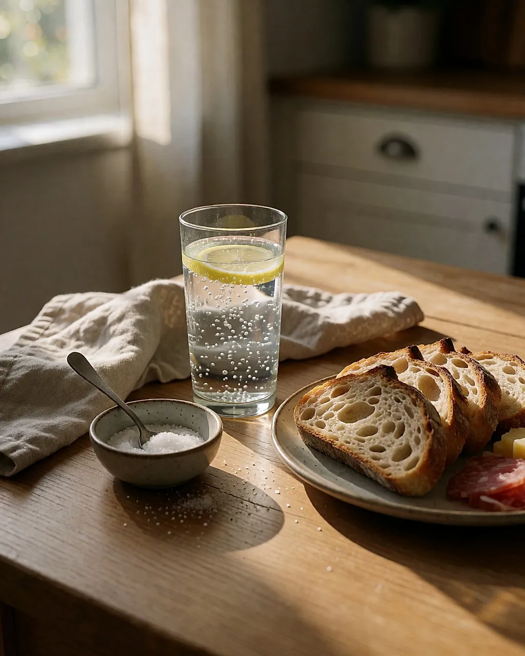 Verre d'eau gazeuse, sel et pain posés sur une table de cuisine