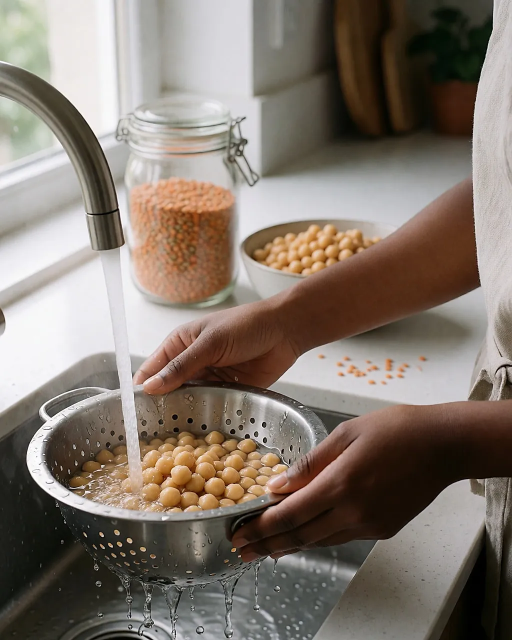 Mains rincant des pois chiches en conserve dans une passoire