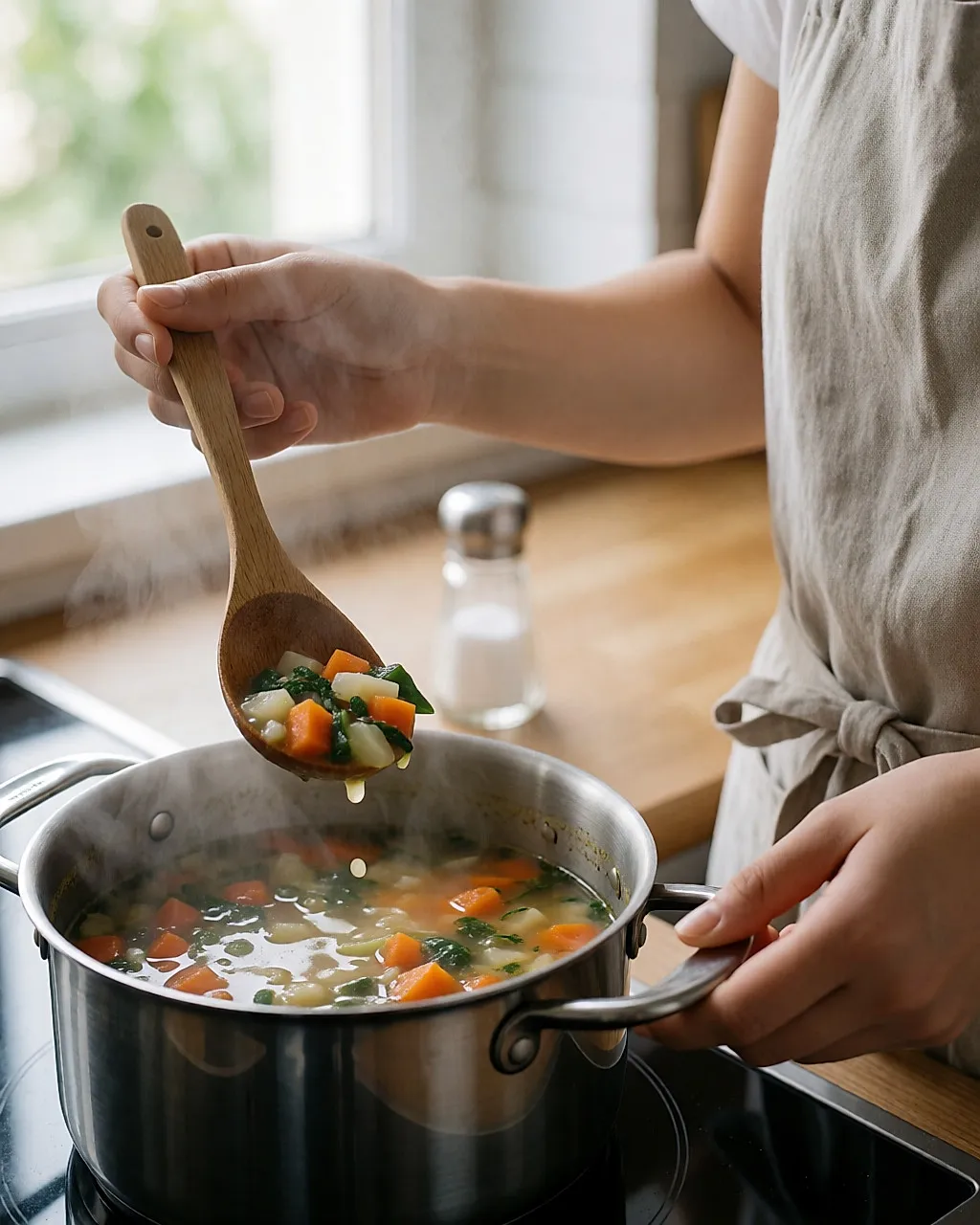 Cuillère en bois goûtant une soupe au-dessus d'une casserole