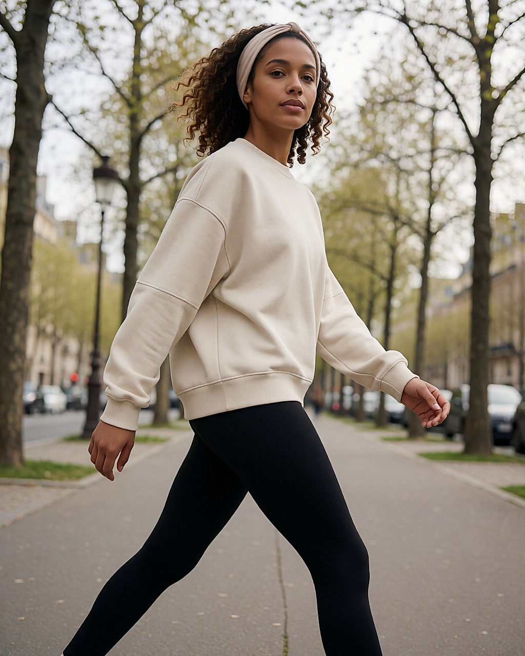 Femme métissée marchant d'un pas rapide sur un trottoir bordé d'arbres, en tenue de sport opaque