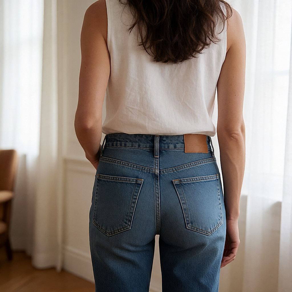 Gürtel tief auf den Hüften zu einer Jeans mit niedrigem Bund, von hinten