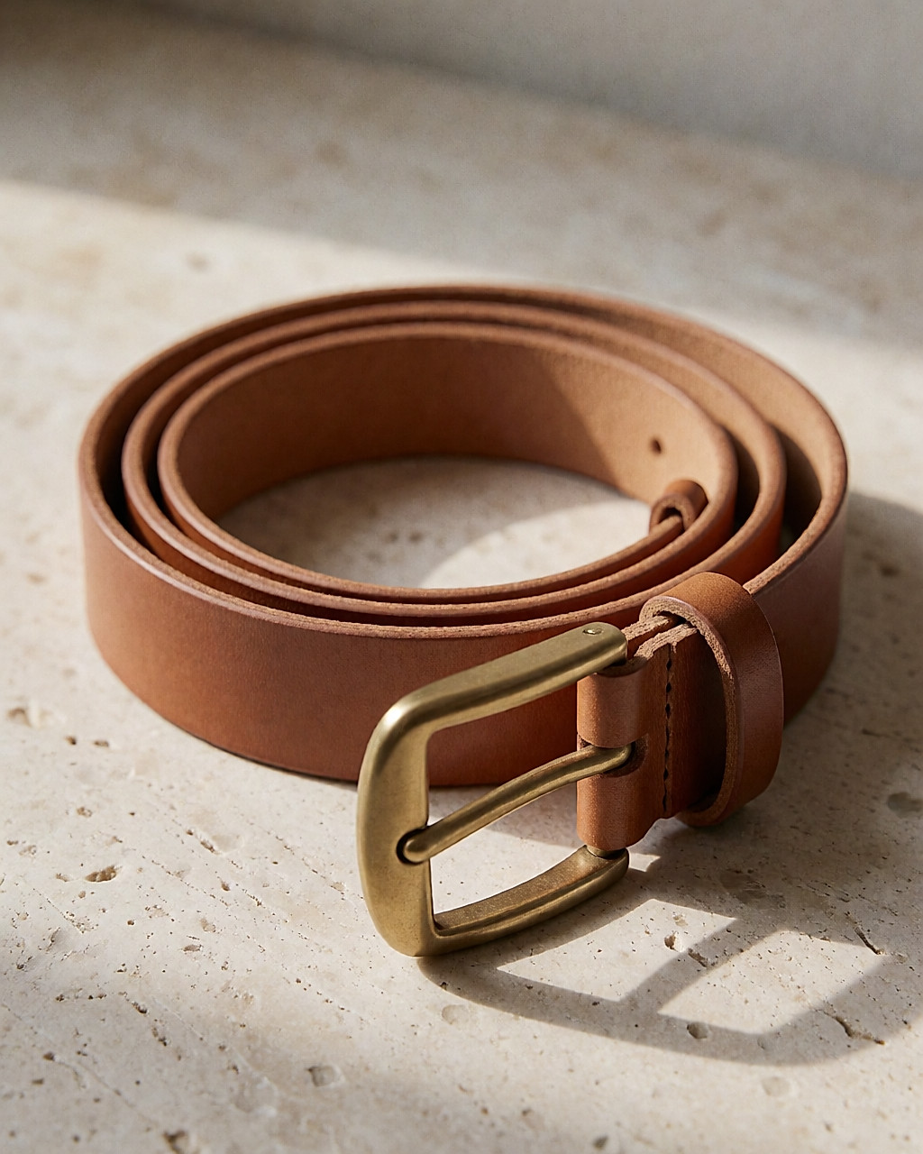 Ceinture en cuir pleine fleur à tannage végétal, boucle en laiton posée à côté