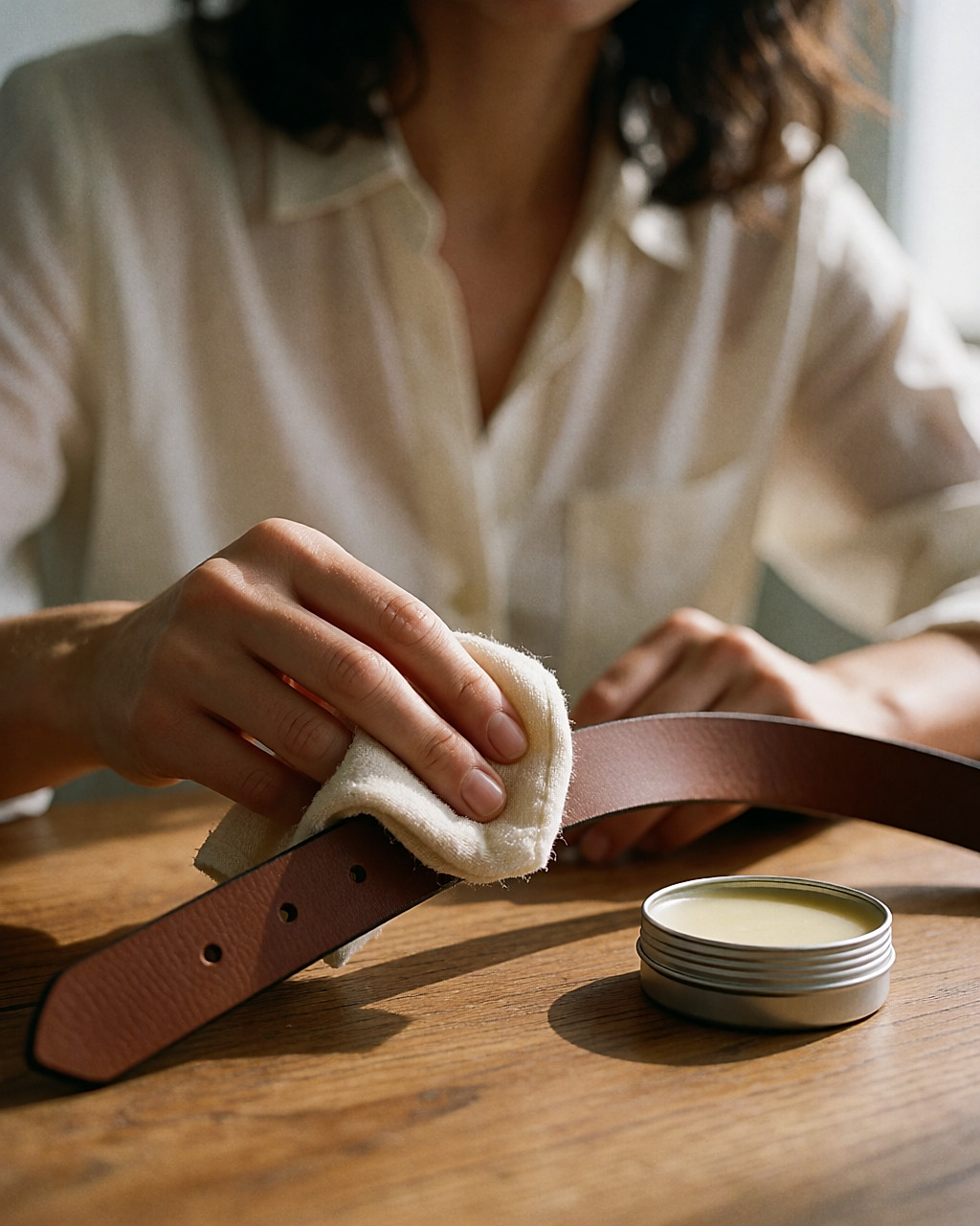 Main nourrissant une ceinture de cuir avec un chiffon et un baume incolore