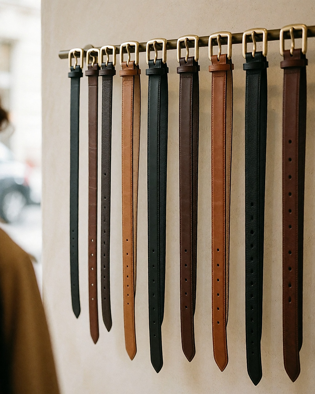 Ceintures de cuir de largeurs variées suspendues sur un présentoir de boutique