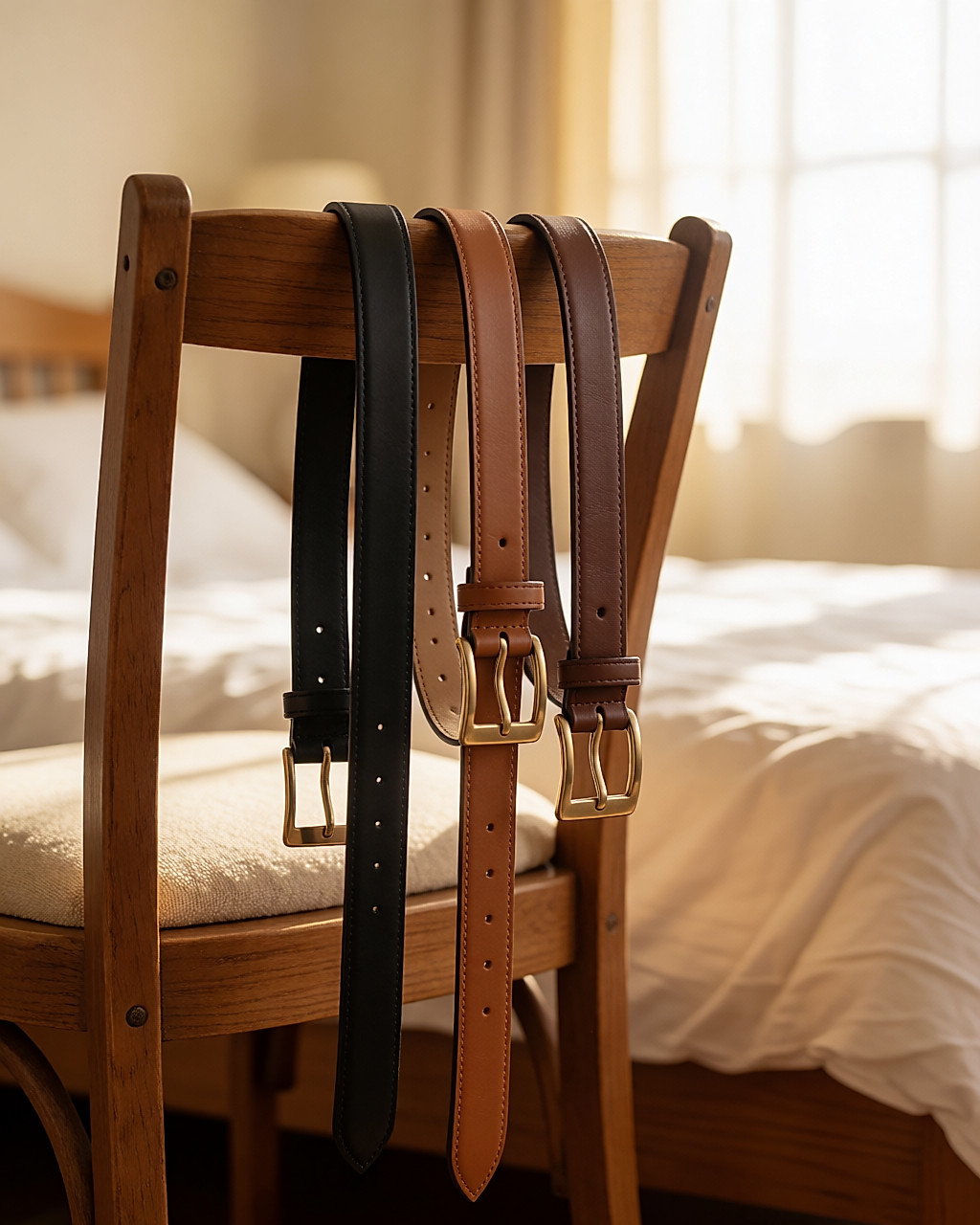 Trois ceintures suspendues au dossier d'une chaise dans une chambre claire