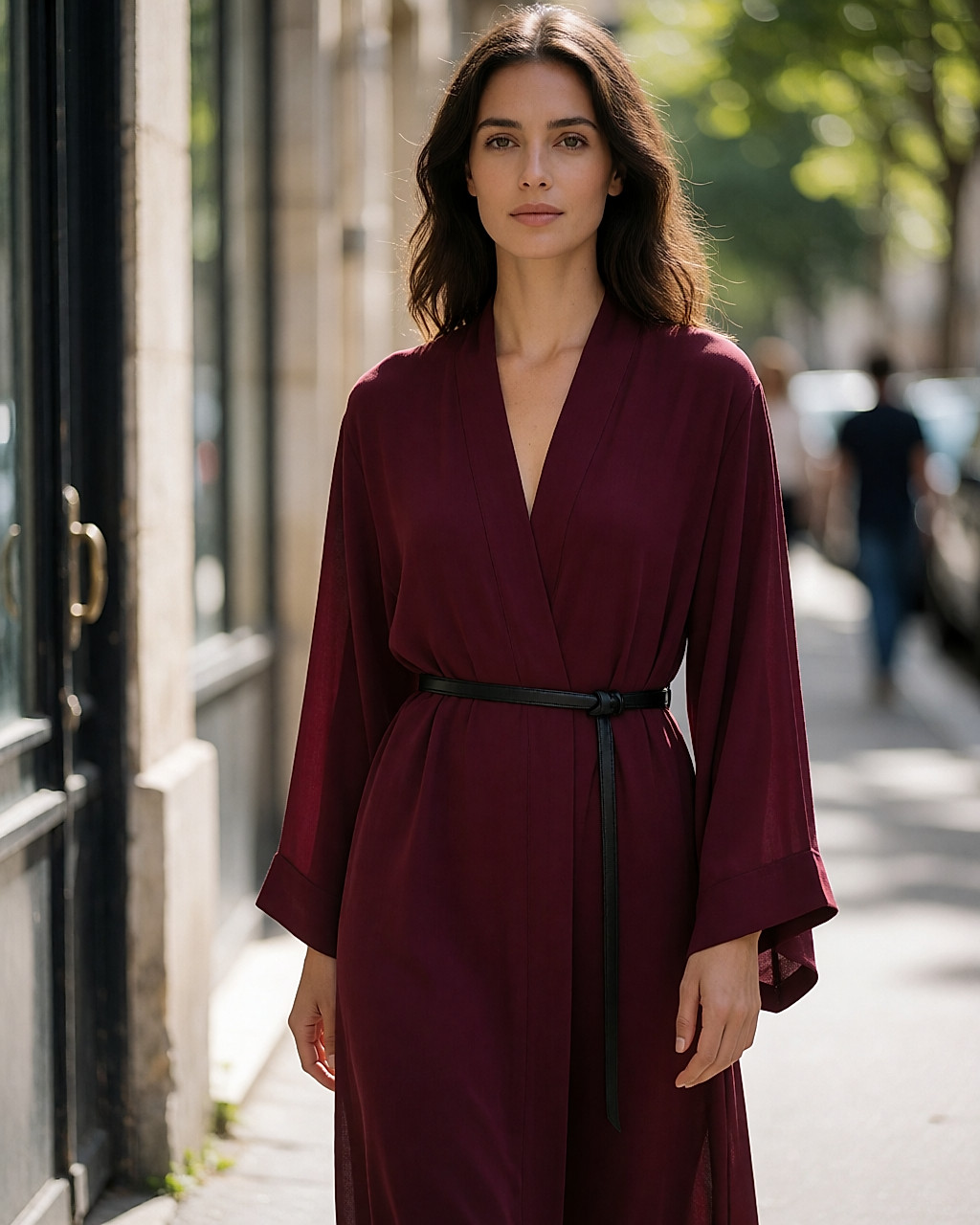 Robe fluide bordeaux resserrée à la taille par une fine ceinture noire, dans la rue