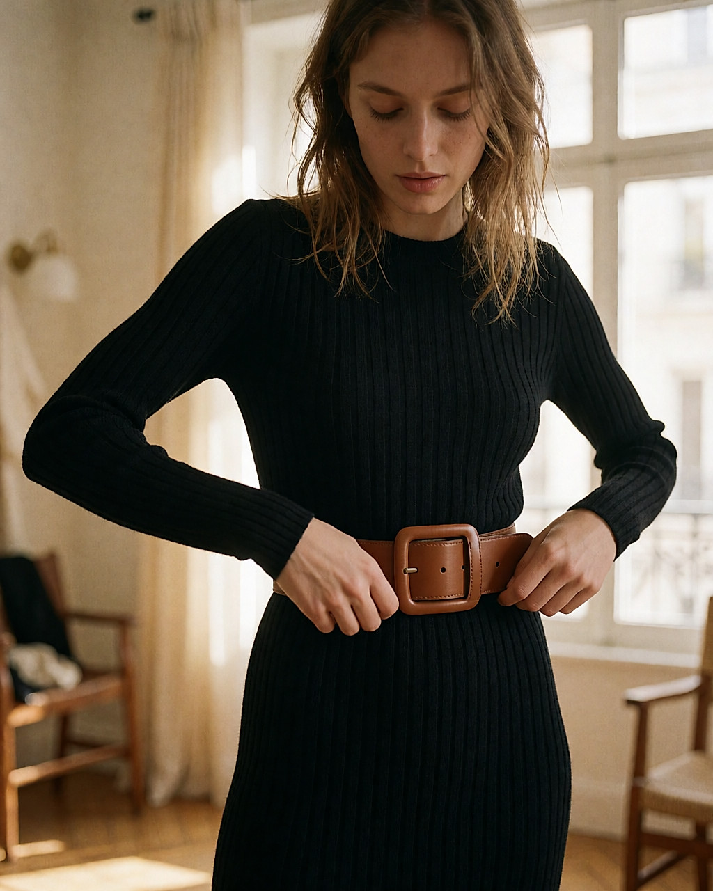 Robe en maille cintrée par une large ceinture cognac à boucle rectangulaire