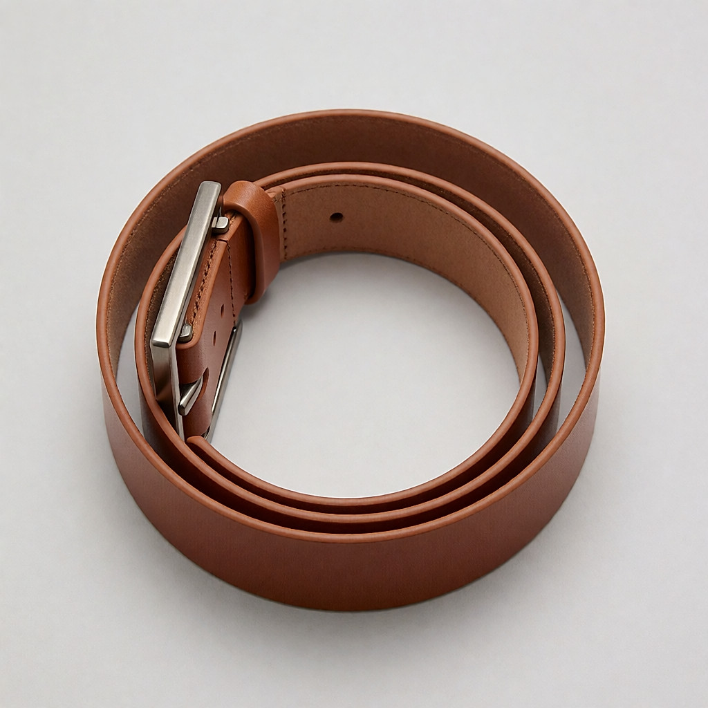 Une ceinture bombée en cuir cognac, boucle rectangulaire.
