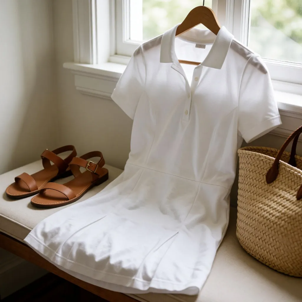 White tennis dress with a polo collar hanging in a bright wardrobe with flat sandals.