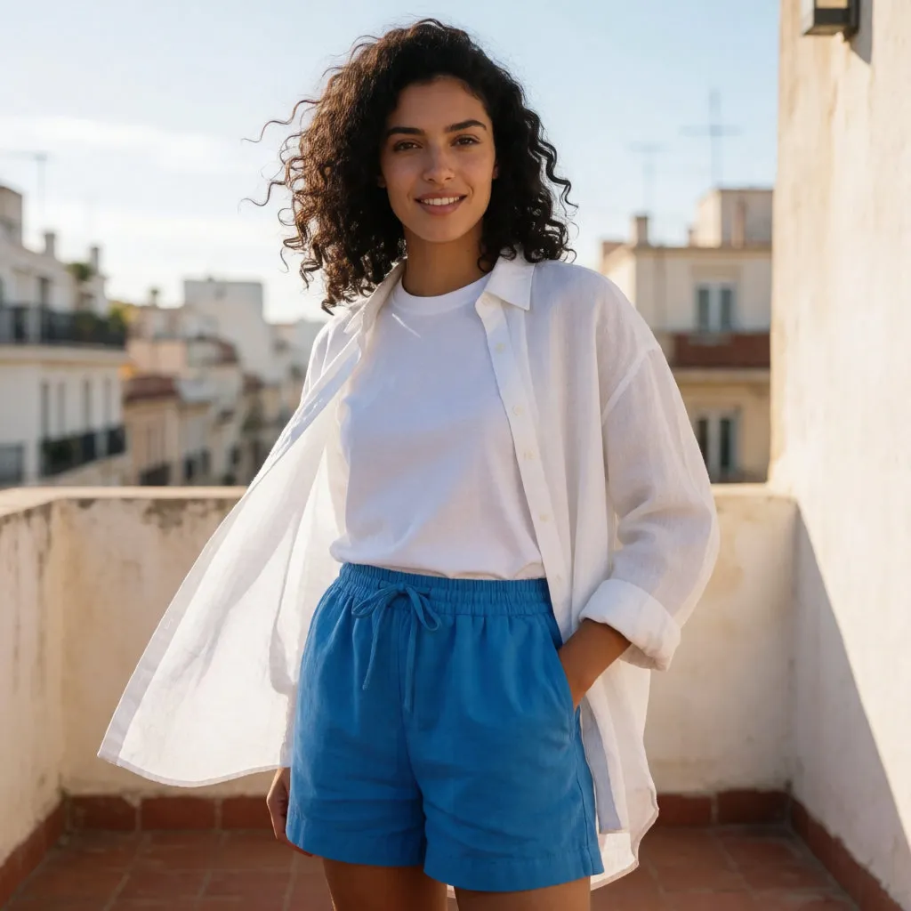 Young North African woman in bright blue shorts, a white T-shirt and a linen shirt on a sunny terrace.
