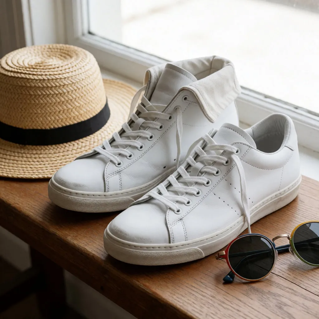 White leather tennis trainers, a straw wide-brimmed hat and round sunglasses resting on a bench.