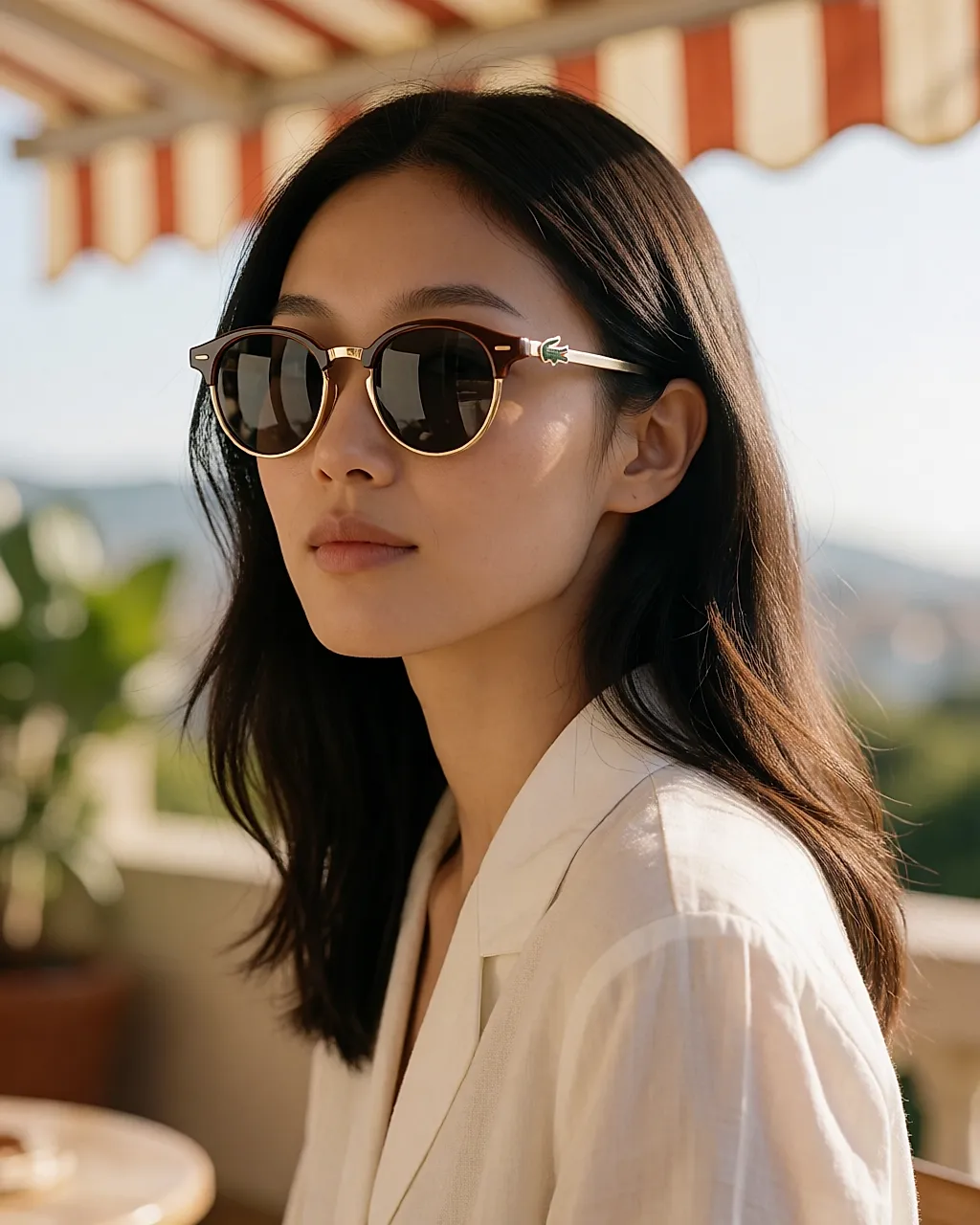 Round sunglasses with a coloured rim and the Lacoste emblem