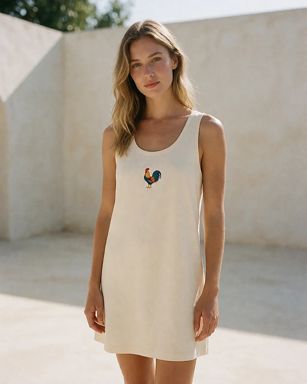 A cream cotton Coq Sportif dress with an embroidered rooster emblem