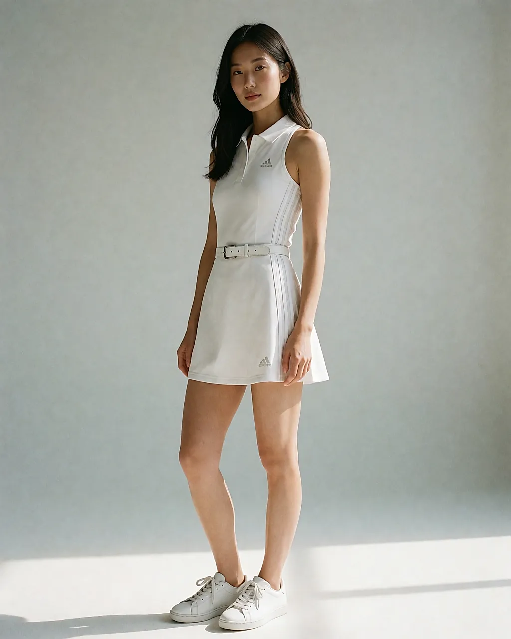 A white adidas tennis dress with three stripes worn in a studio