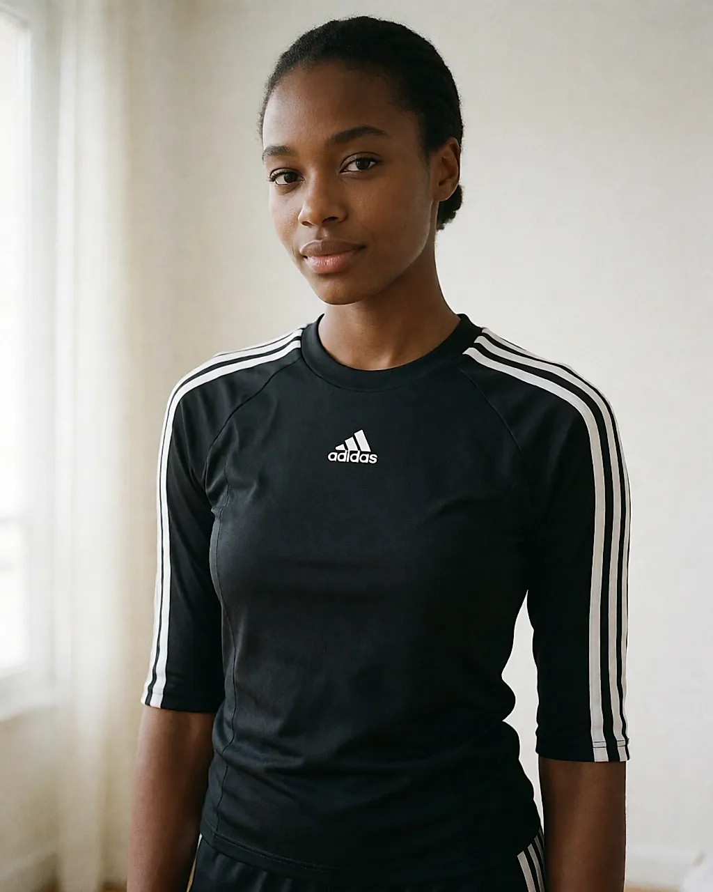 A black adidas sports top with three white stripes, styled for the city