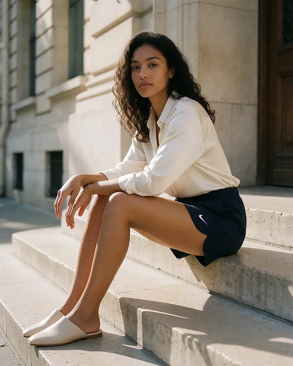 A navy Nike sports short with a swoosh, worn with a silk shirt