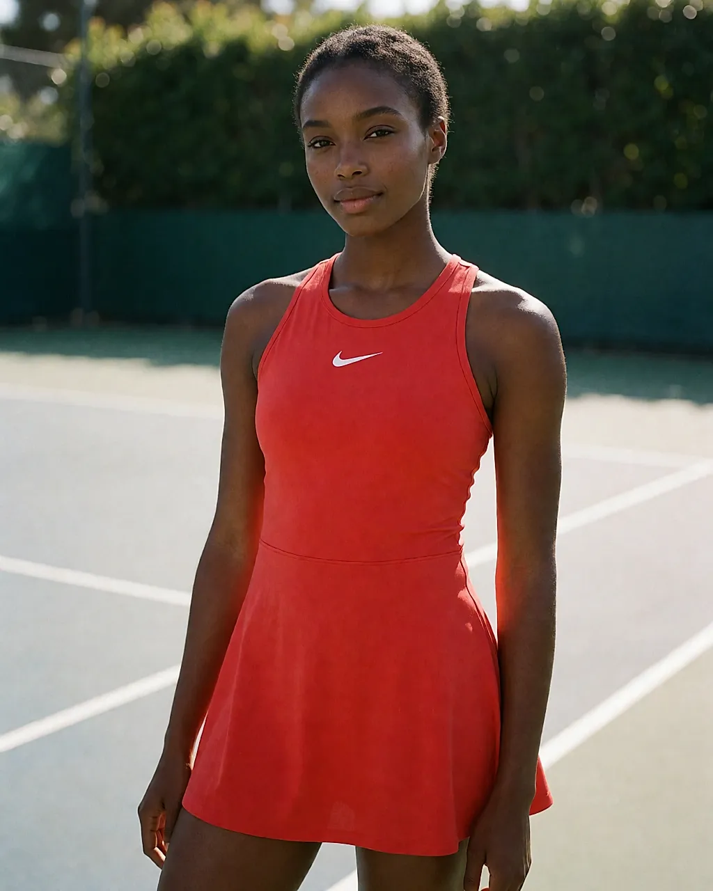 A red Nike sports dress with a logo, worn at the edge of a court